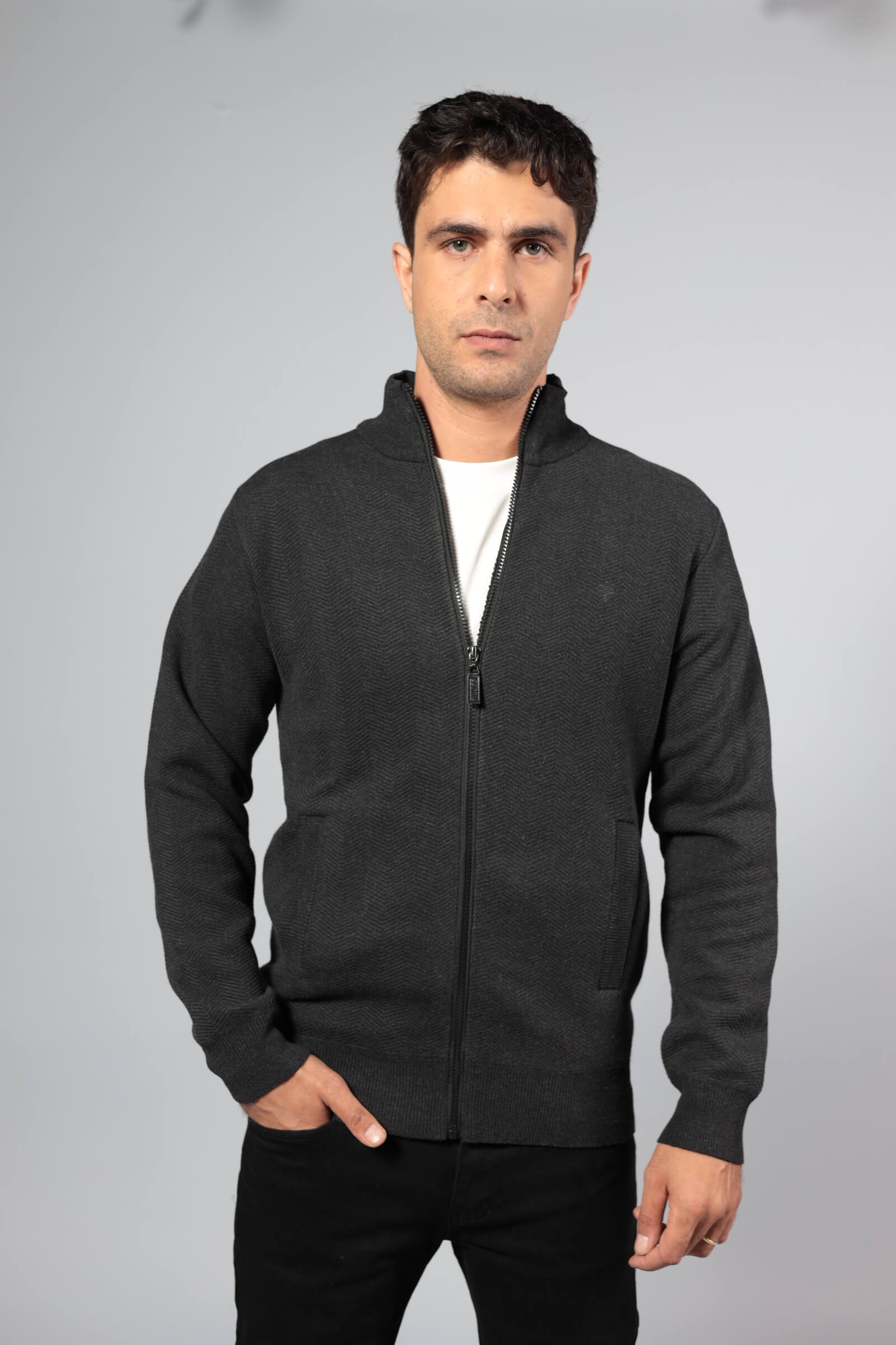 סריג פליז רוכסן מלא אפור