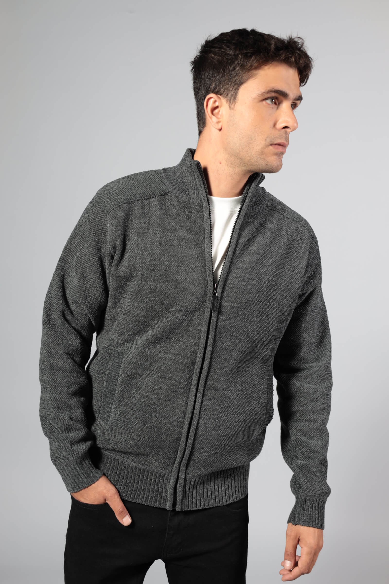 סריג פרווה צווארון אפור בהיר